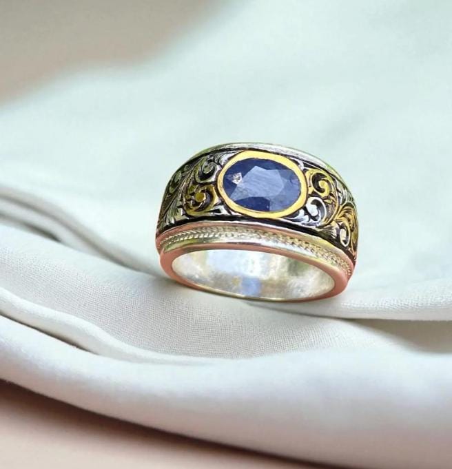 Handcrafted Mens Sapphire Ring, Blue Sapphire Ring, Natural Sapphire 925 Sterling Silver Ring, Neelam Ring