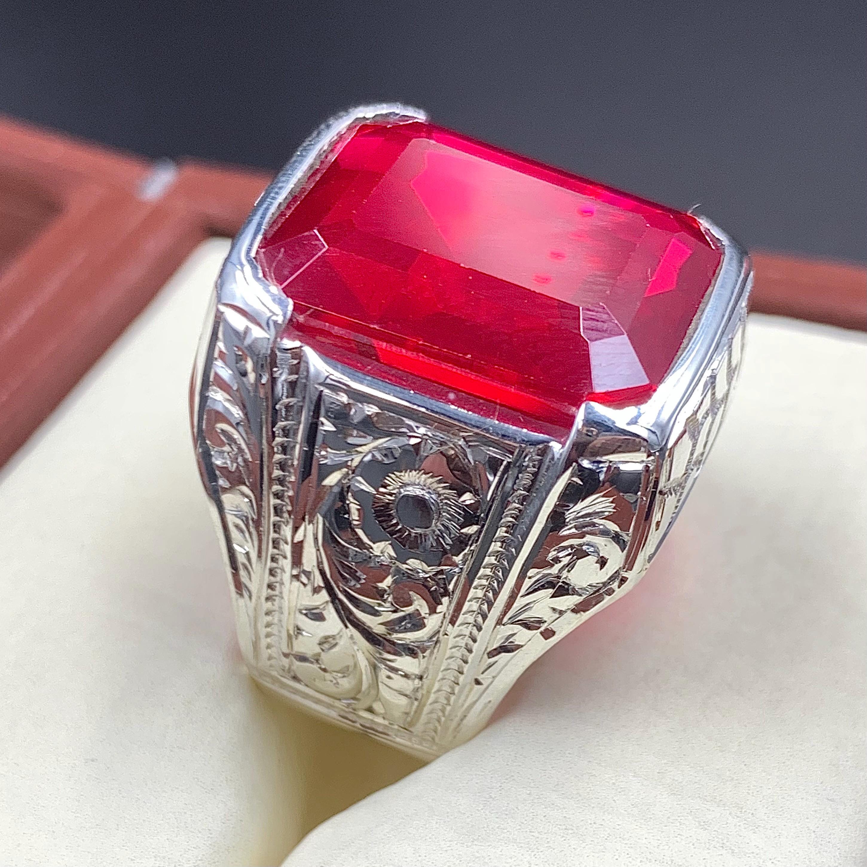 Handcrafted Emerald Cut Red Ruby Mens Ring Sterling Silver 925 Anari Yaqoot Ring Roby Gemstone Ring