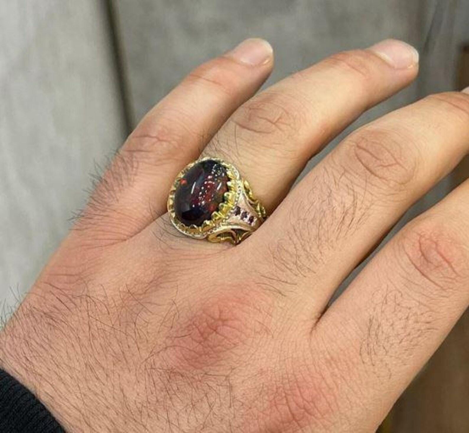 Handcrafted Gold Plated Natural Ethiopian Fire Black Opal Stone Sterling Silver Ring AAA Quality Opal Ring