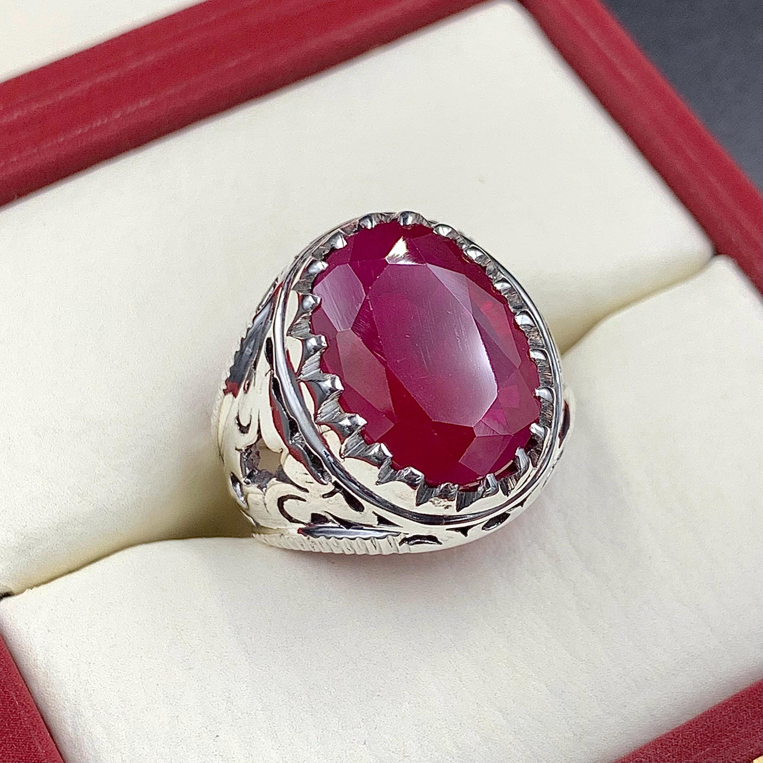 Handcrafted Big Deep Red Ruby Mens Ring Sterling Silver 925 Anari Yaqoot Ring Roby Gemstone Ring